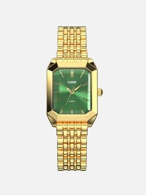 Clarine De Mains Gold 14k Gold Stainless Steel Rectangle Watch with Green Face